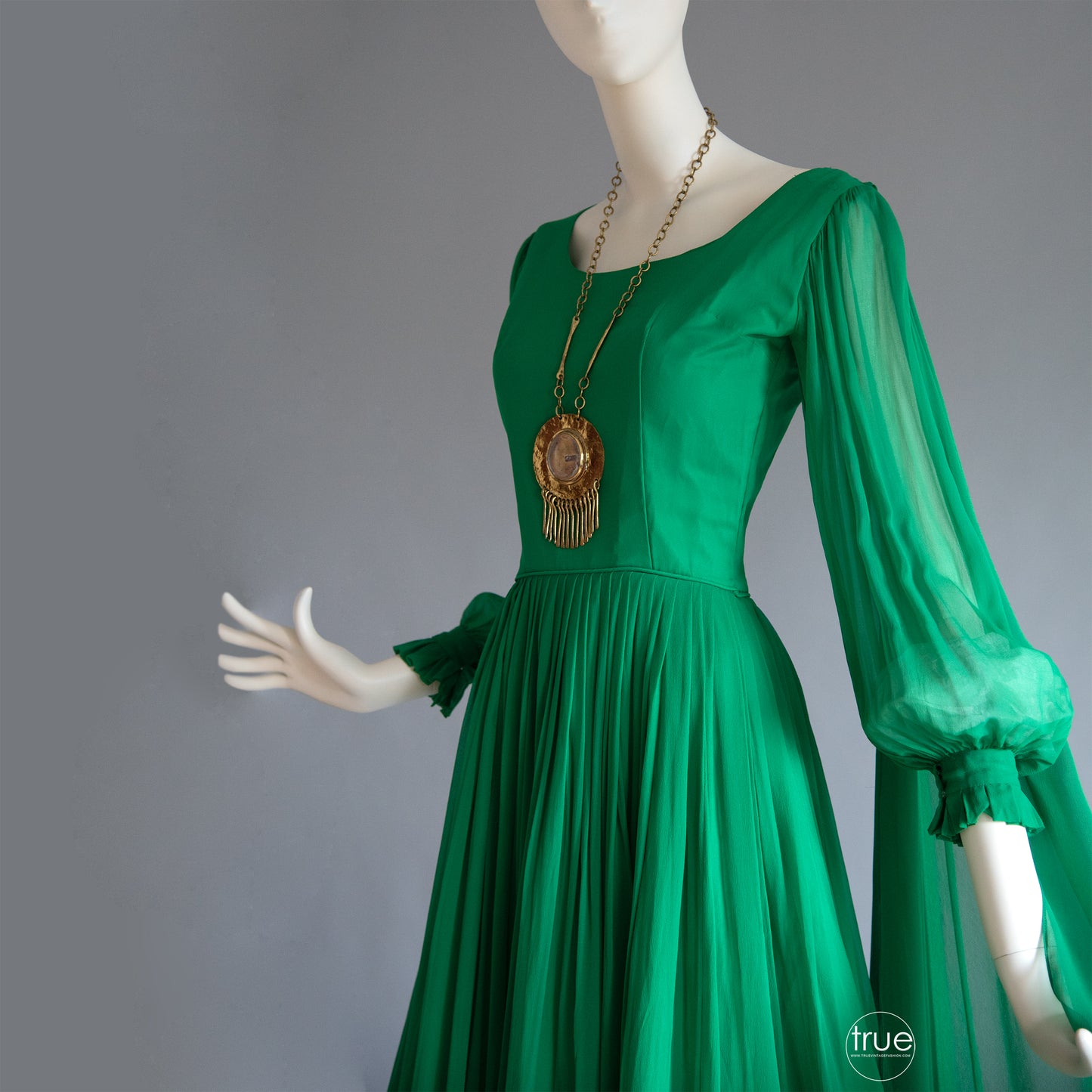 vintage 1960's dress ...ethereal emerald chiffon goddess dress with shoulder shash