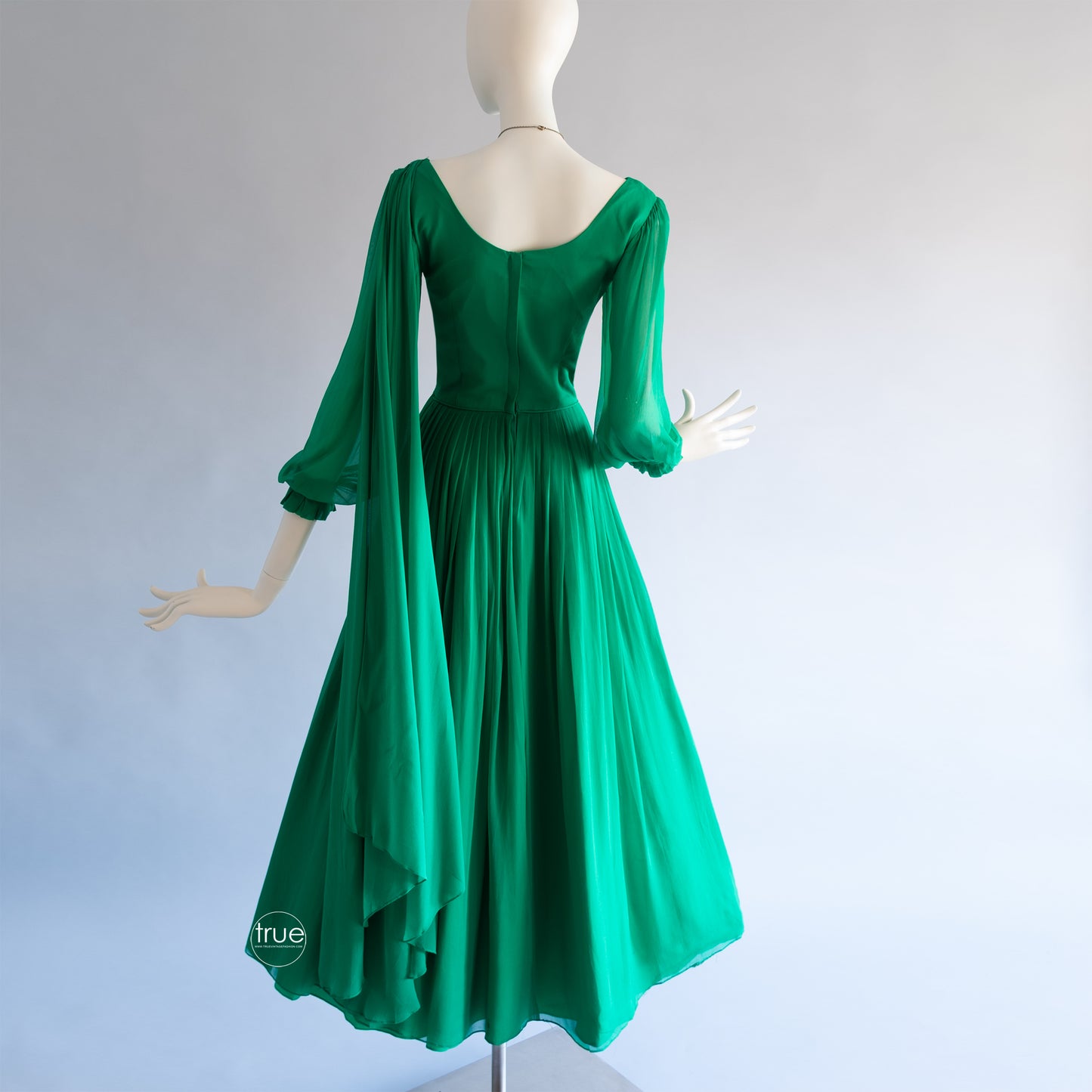 vintage 1960's dress ...ethereal emerald chiffon goddess dress with shoulder shash