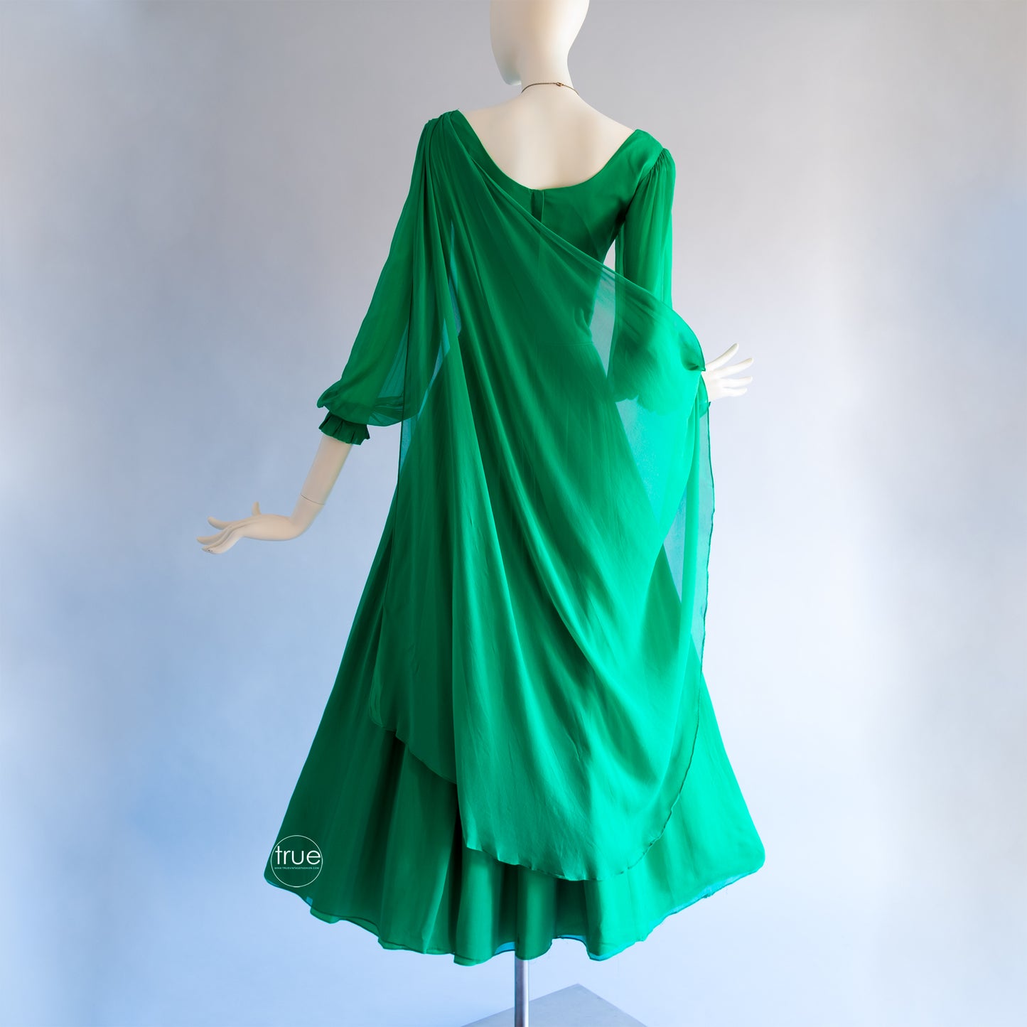 vintage 1960's dress ...ethereal emerald chiffon goddess dress with shoulder shash