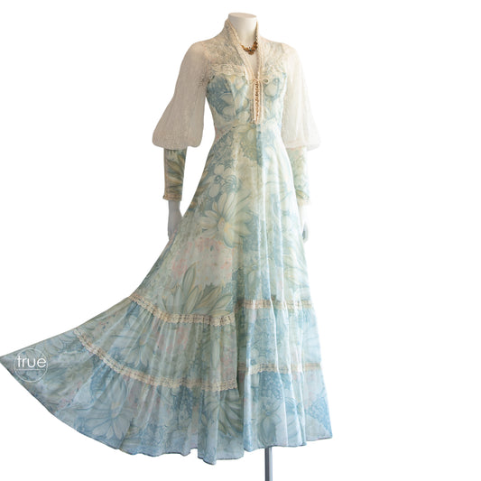 vintage 1970's dress ...ethereal jade floral Gunne Sax corset dress