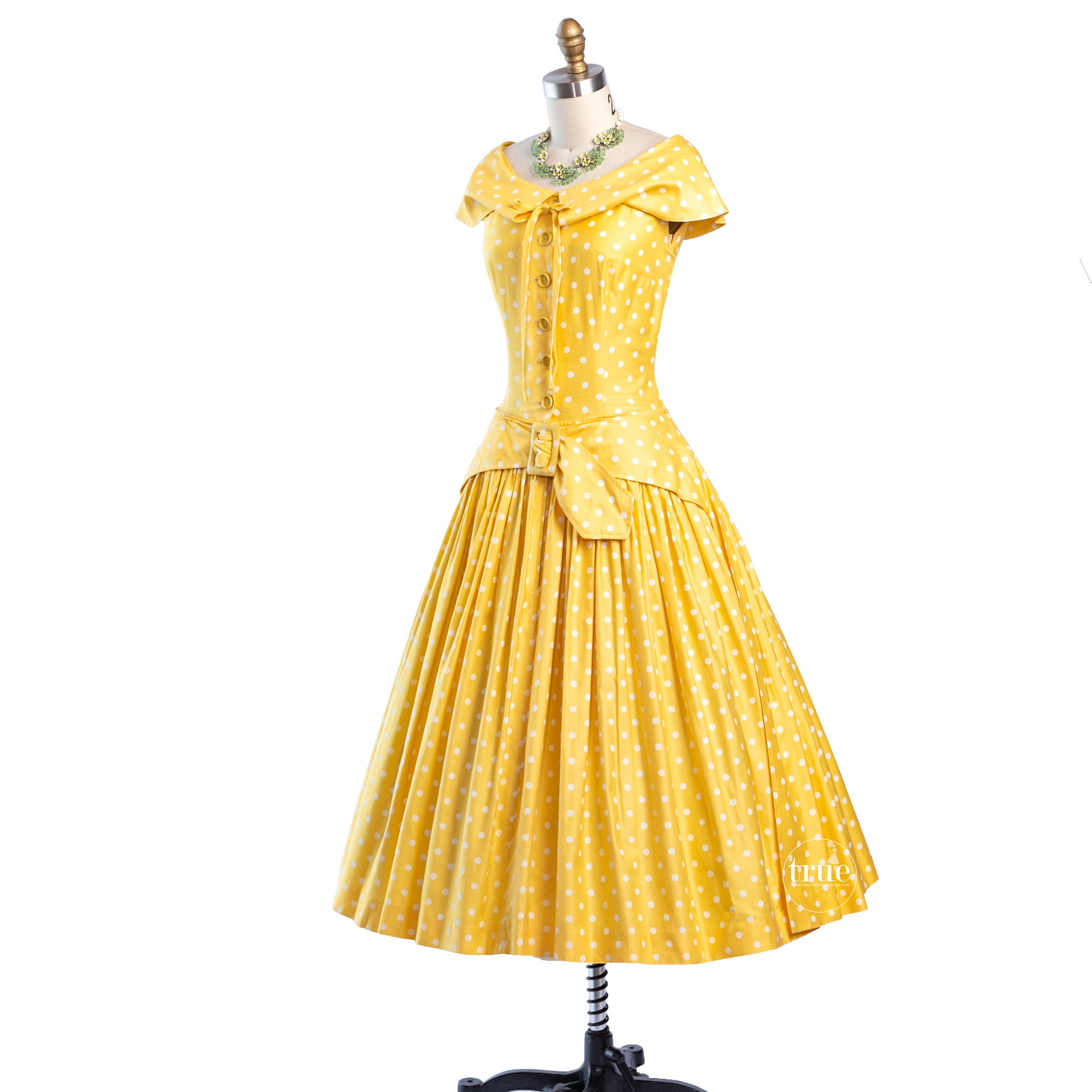 Vintage 1950's Dress ...Dior inspired Suzy Perette Yellow Polka Dot Cotton Full Skirt Dress