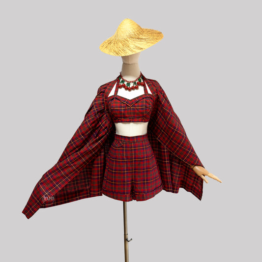 vintage 1940's playsuit ...rare JANTZEN plaid 3pc shorts skirt & top playsuit