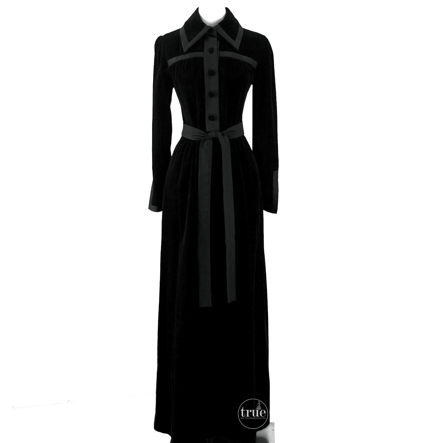 vintage 1960's dress ...designer Jean Varon black velvet and matte trim peek-a-boo back maxi dress
