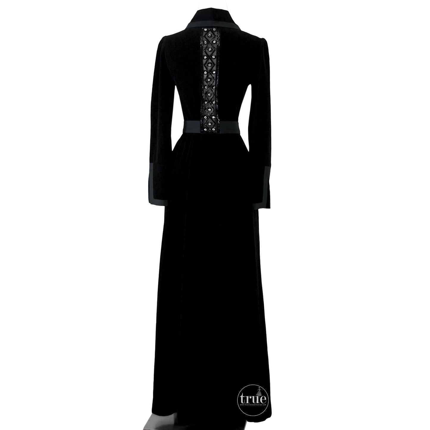 vintage 1960's dress ...designer Jean Varon black velvet and matte trim peek-a-boo back maxi dress