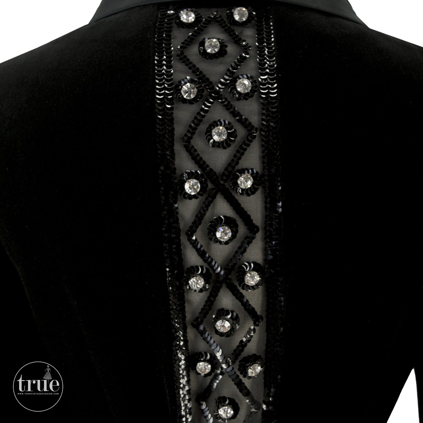 vintage 1960's dress ...designer Jean Varon black velvet and matte trim peek-a-boo back maxi dress