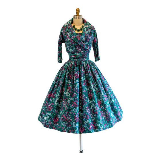 vintage 1950's dress ...pretty JONATHAN LOGAN cotton impressionist floral print dress & bolero