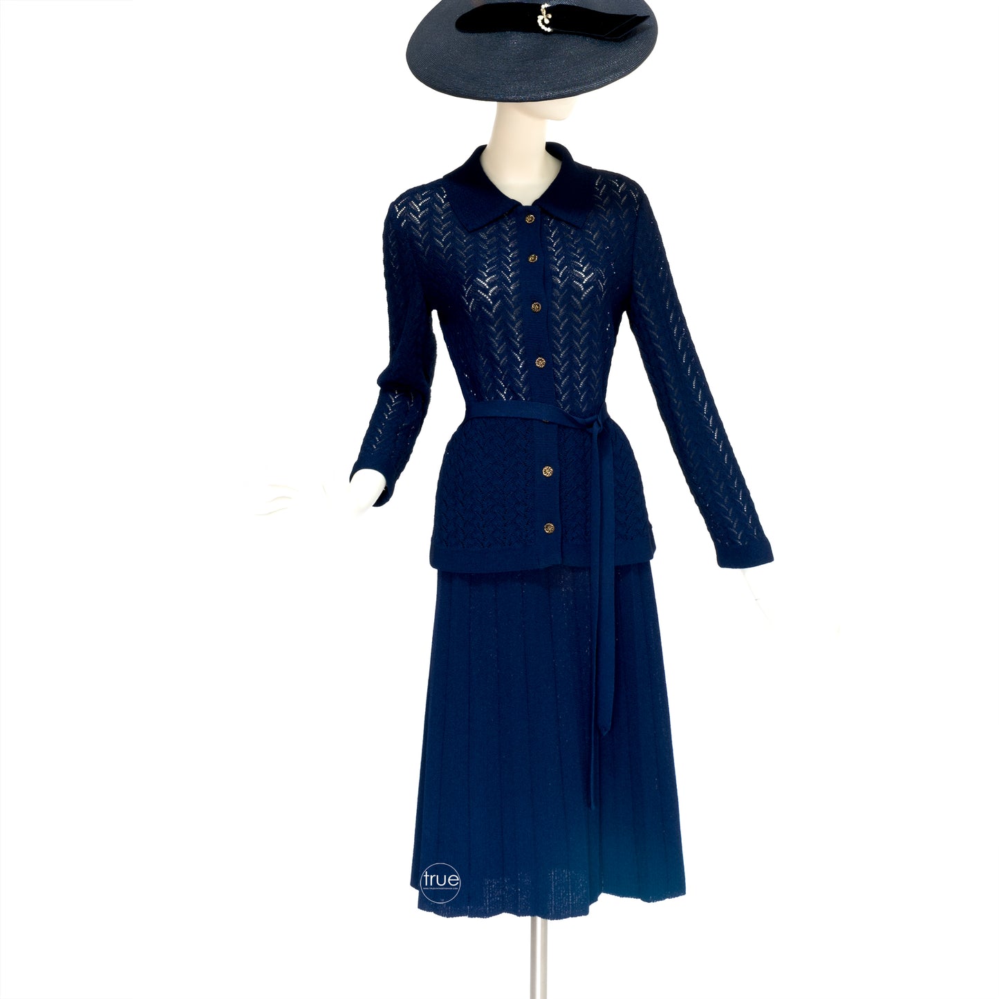 vintage 1950's knit set ...classic KIMBERLY navy blue pointelle knit cardigan & skirt set