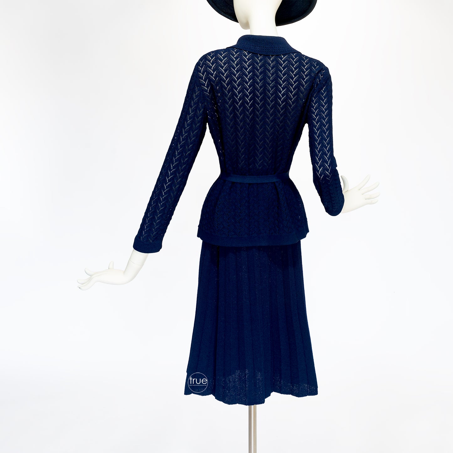 vintage 1950's knit set ...classic KIMBERLY navy blue pointelle knit cardigan & skirt set