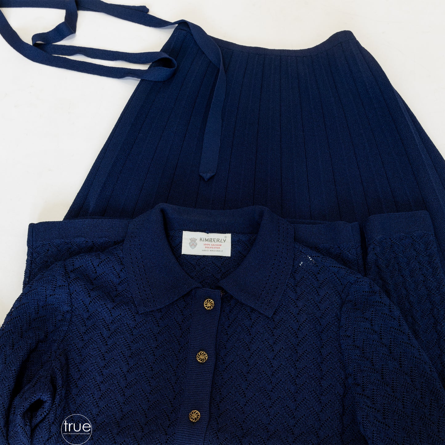 vintage 1950's knit set ...classic KIMBERLY navy blue pointelle knit cardigan & skirt set