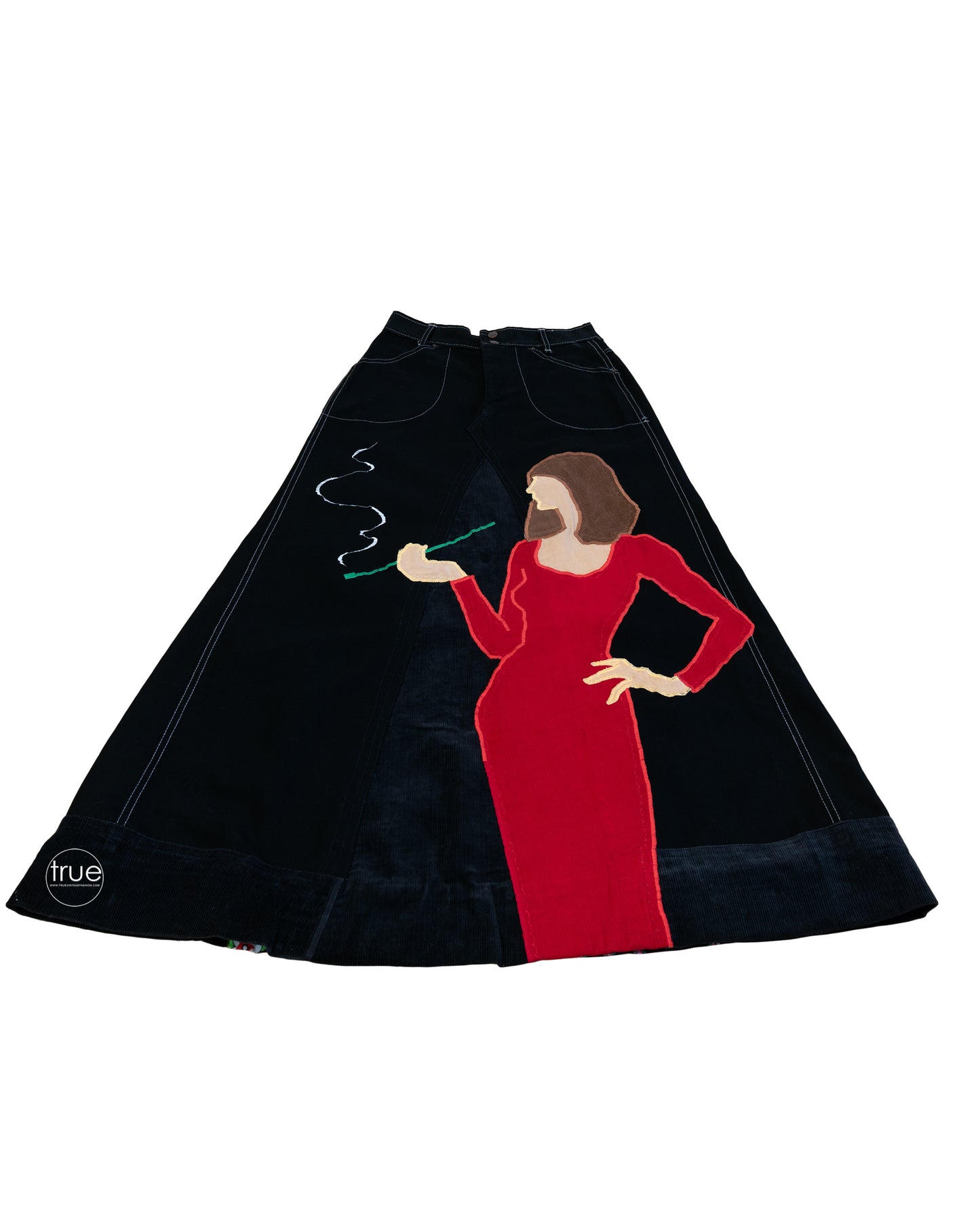 vintage 1970's denim skirt ...rare black denim LANDLUBBER smoking lady appliqué patchwork maxi skirt