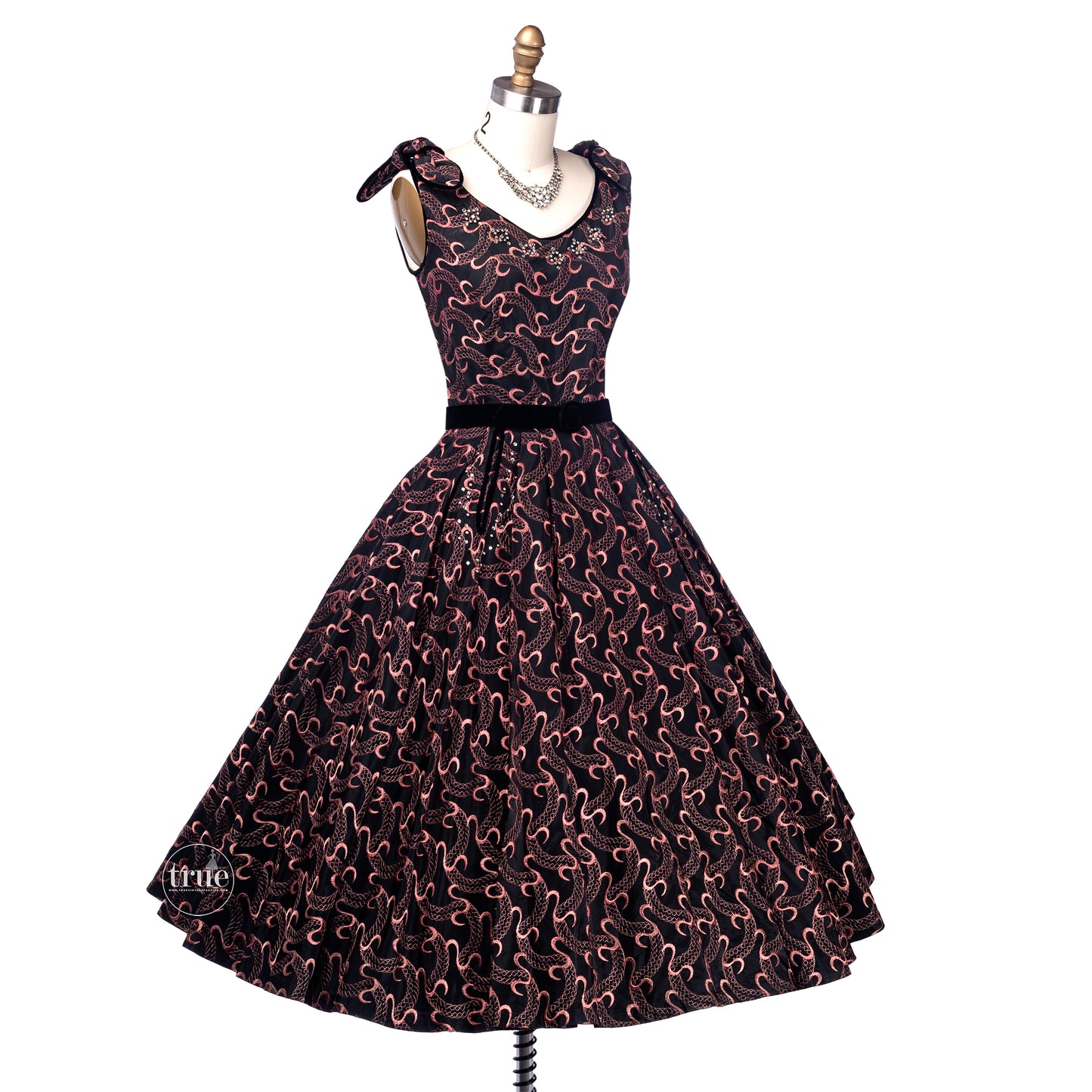 vintage 1950's dress ...serpentine embroidered black & pink Laurie Jane New York dress