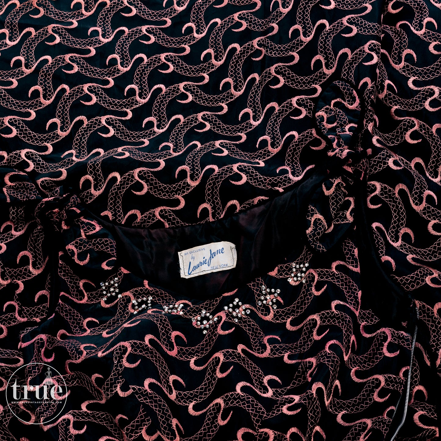 vintage 1950's dress ...serpentine embroidered black & pink Laurie Jane New York dress