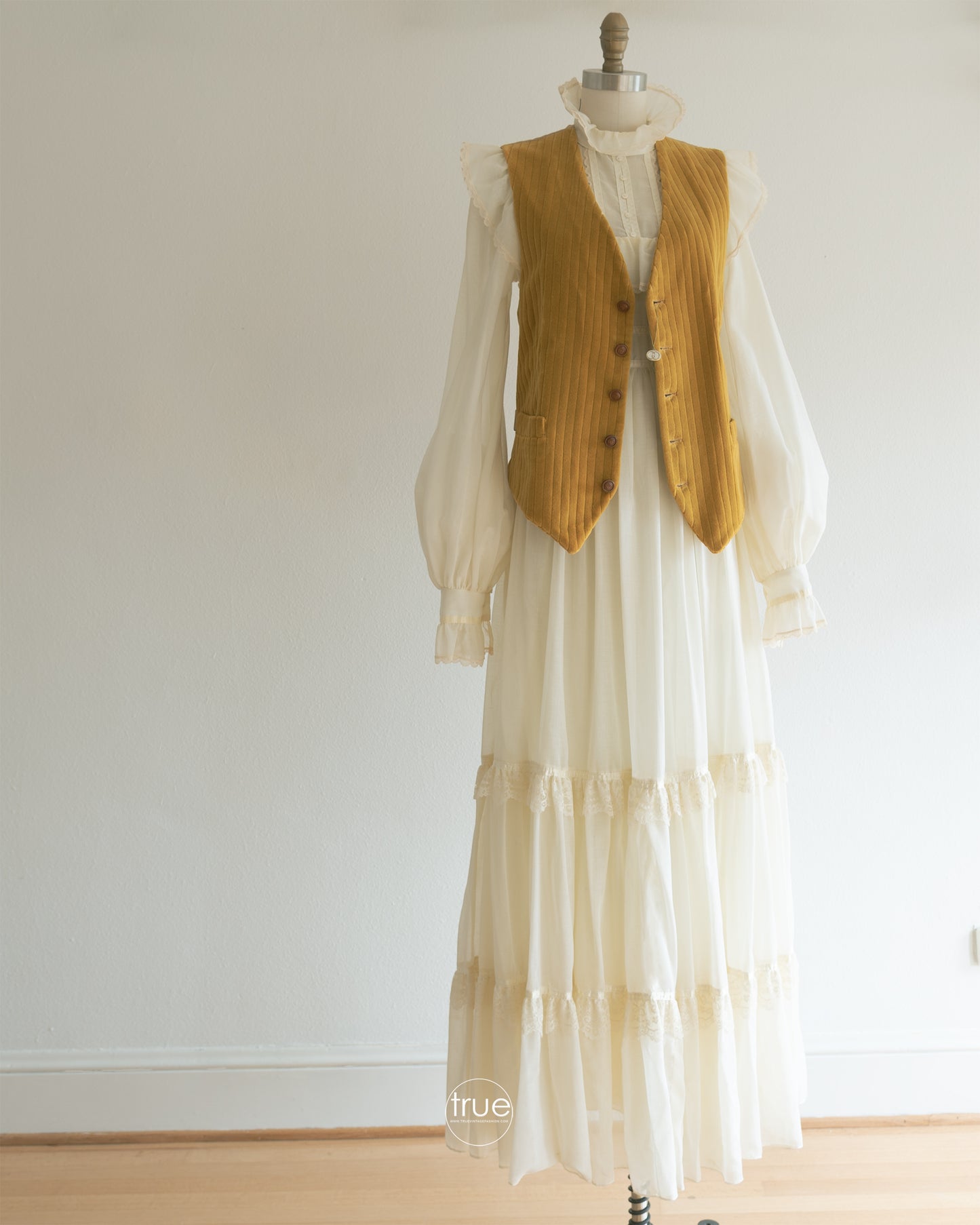 RESERVED vintage 1970's dress ...classic pinafore style victorian lemon creme Gunne Sax maxi dress