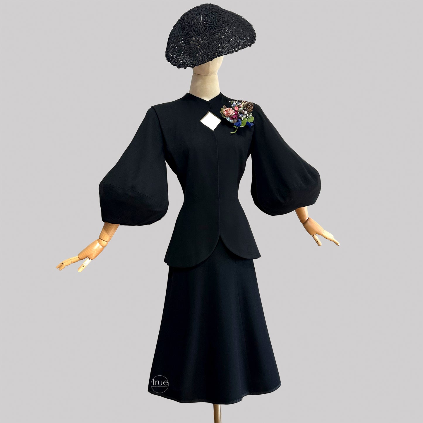 vintage 1940's suit ...HG LILLI ANN black dramatic lantern sleeve jacket & gored skirt