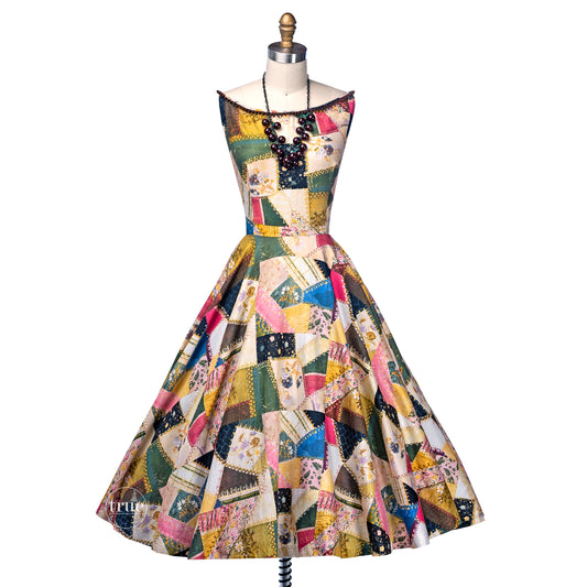 vintage 1950's dress ...fab Madalyn Miller crazy quilt novelty print full circle skirt dress