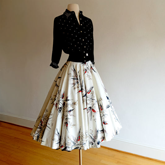 vintage 1950's circle skirt ...prettiest ever MADALYN MILLER metallic gold brush stroke bamboo full circle skirt