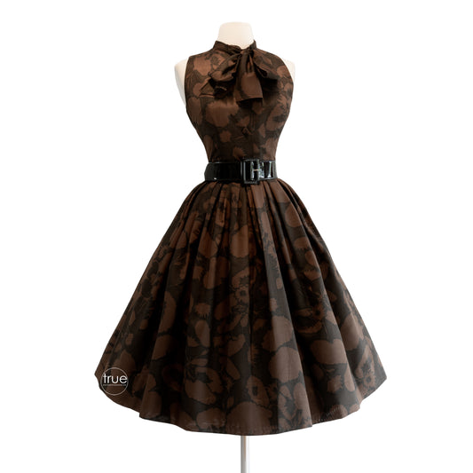 vintage 1950's dress ...espresso floral MAJESTIC 2 pc skirt & pussy bow top set