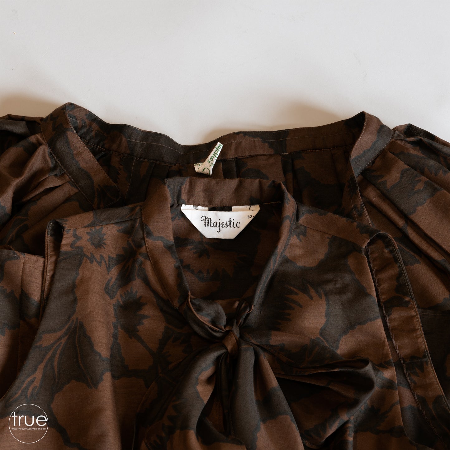 vintage 1950's dress ...espresso floral MAJESTIC 2 pc skirt & pussy bow top set