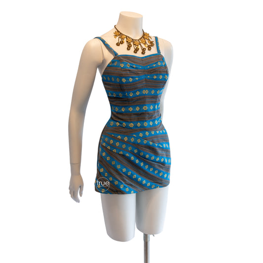 vintage 1950's swimsuit ...pool goddess MARINA DEL MAR gold metallic ikat bathing suit