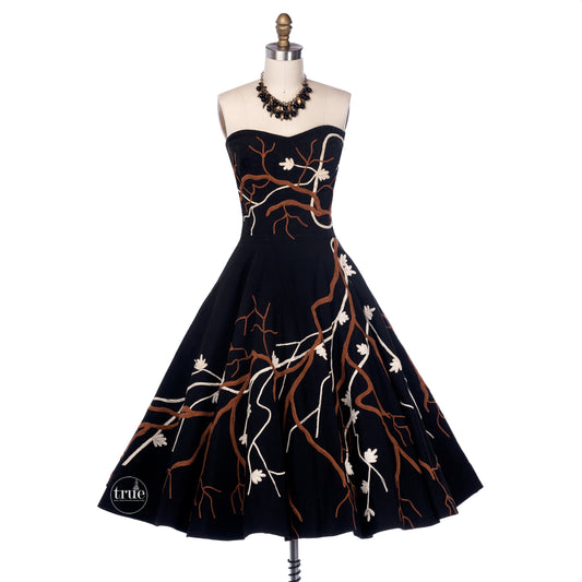 vintage 1940's dress ...the best Maya de Mexico black 3D cherry blossom branches circle skirt dress