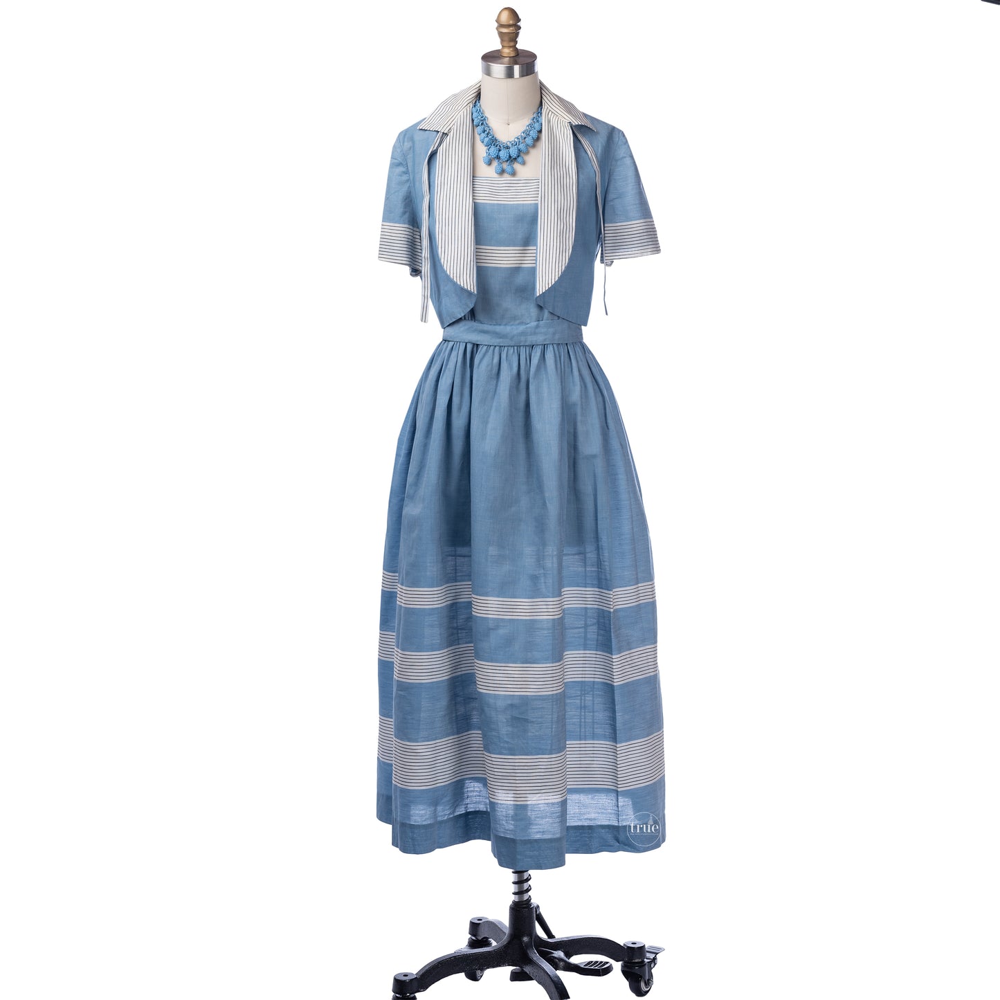 vintage 1940's dress ...classic make mine a McKettrick chambray cotton and stripes sundress and bolero