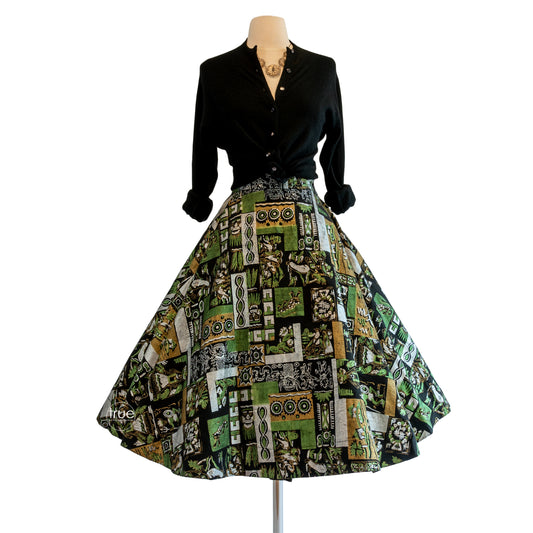 vintage 1950's skirt ...amazing hand-painted cotton MEXICAN CIRCLE SKIRT w/ all the traditional scenes in one!