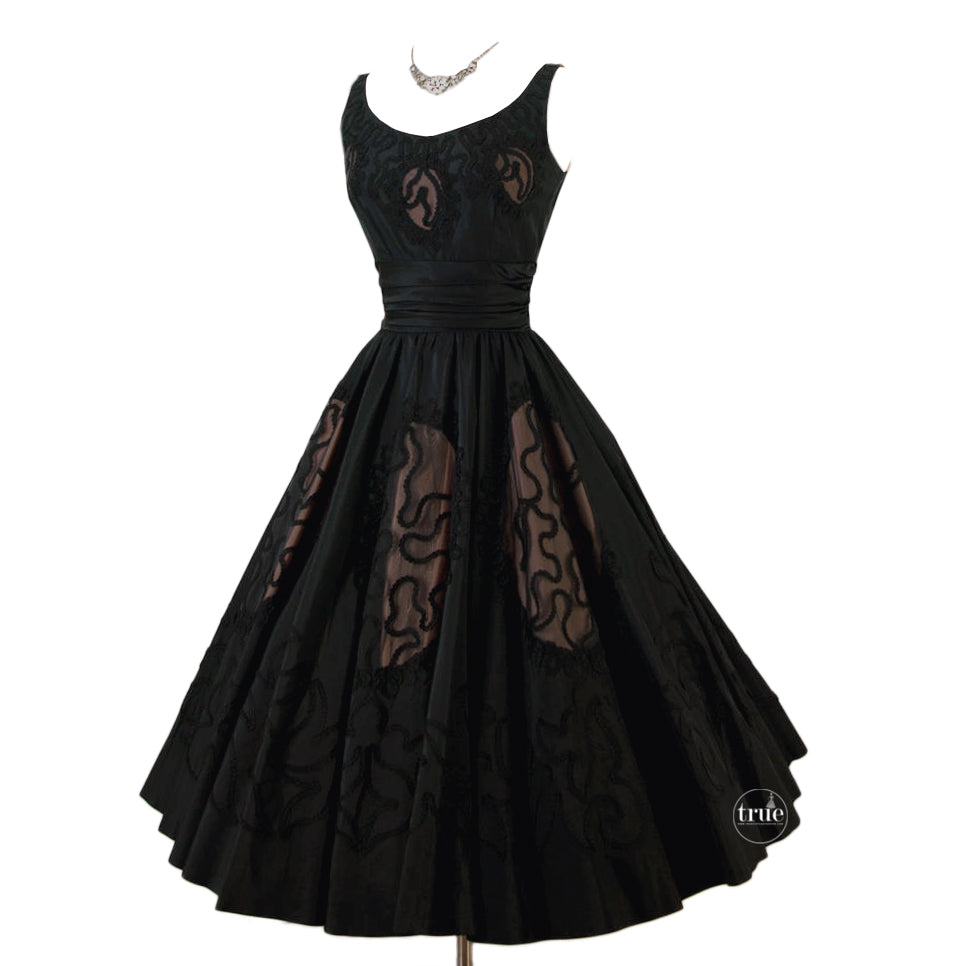 vintage 1950's dress ...black Miss Elliette nude illusion cocktail full circle skirt dress