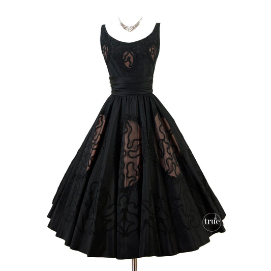 vintage 1950's dress ...black Miss Elliette nude illusion cocktail full circle skirt dress