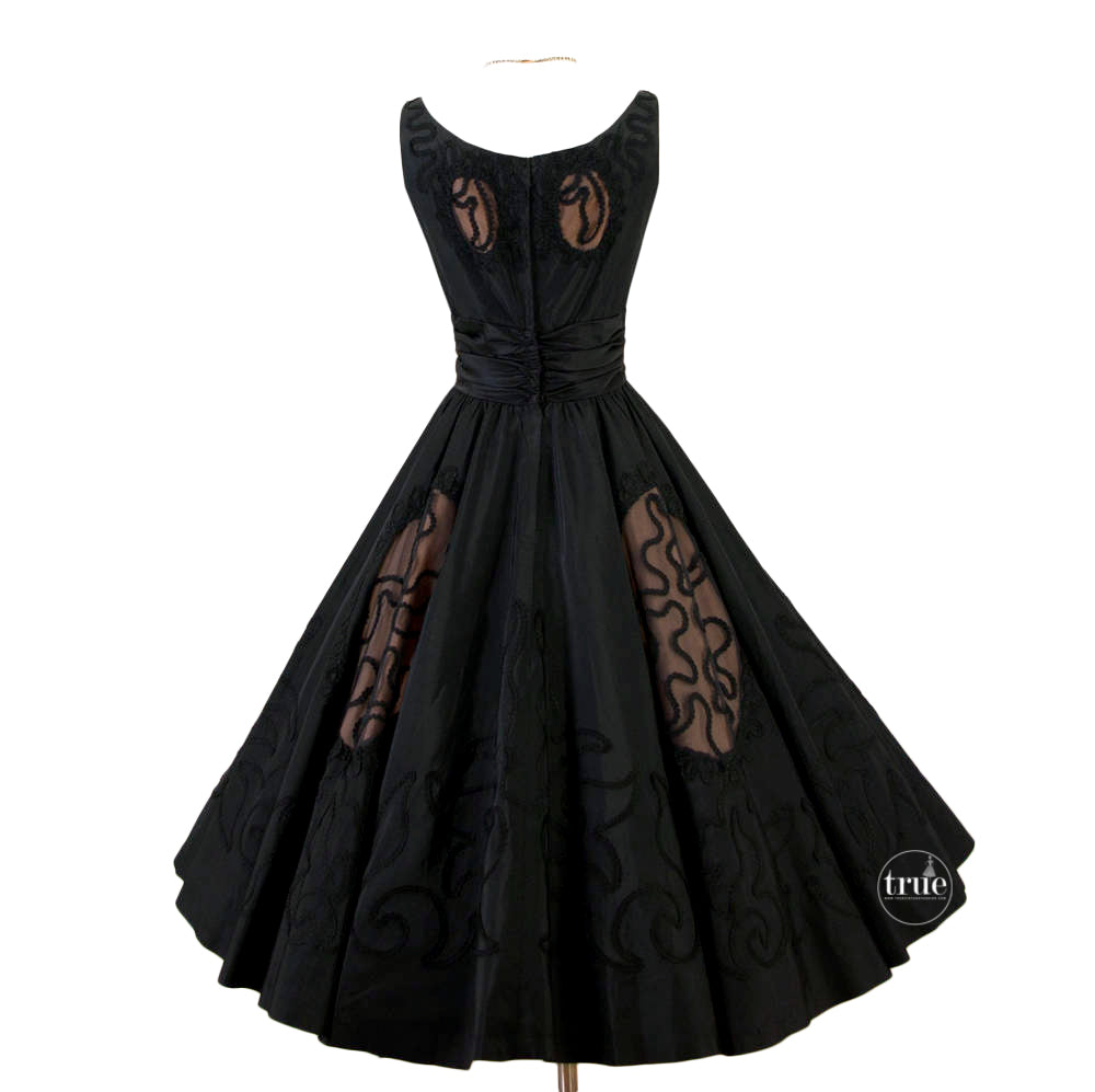 vintage 1950's dress ...black Miss Elliette nude illusion cocktail full circle skirt dress