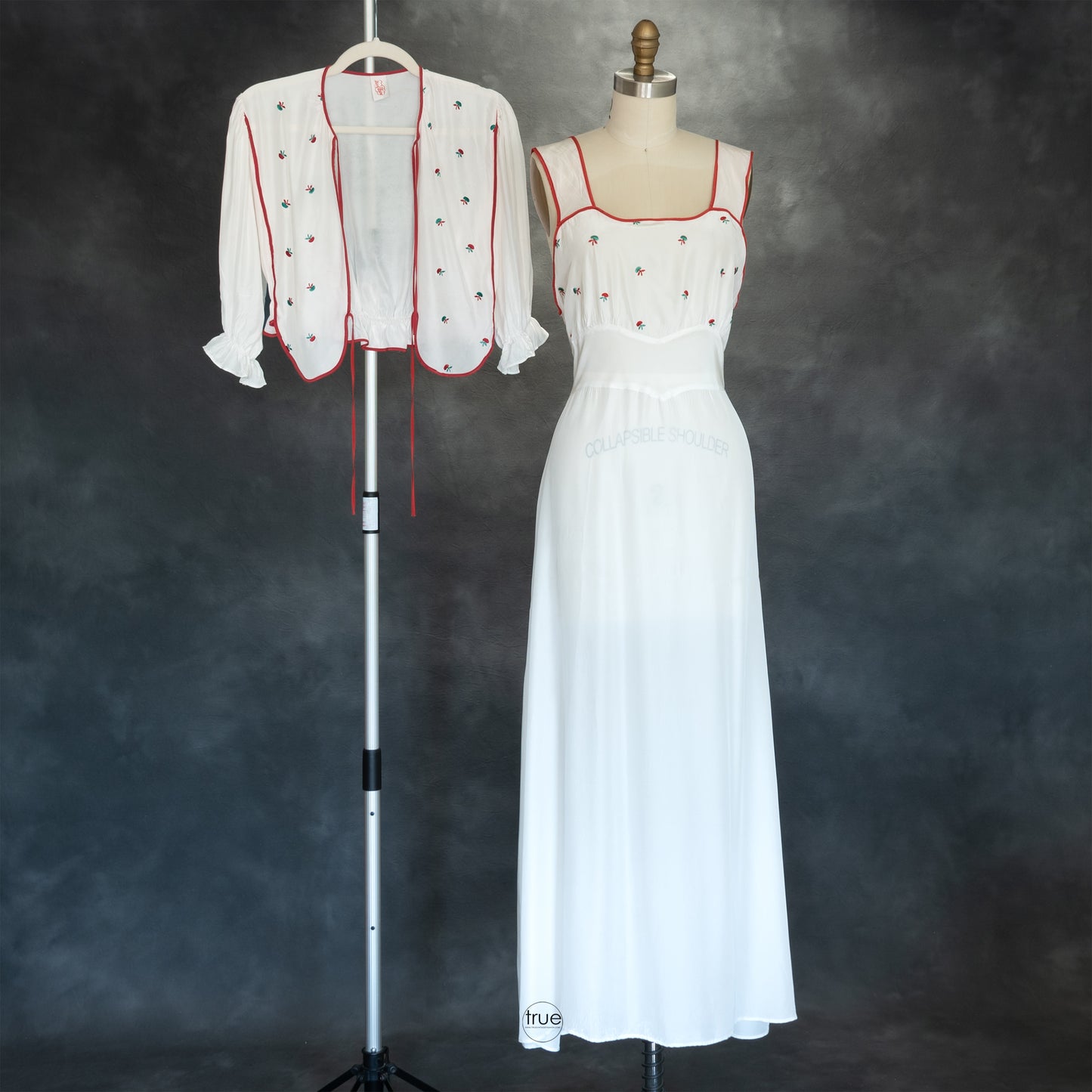 vintage 1940's nightgown ...embroidered MISS ELAINE white rayon nightie and bed jacket