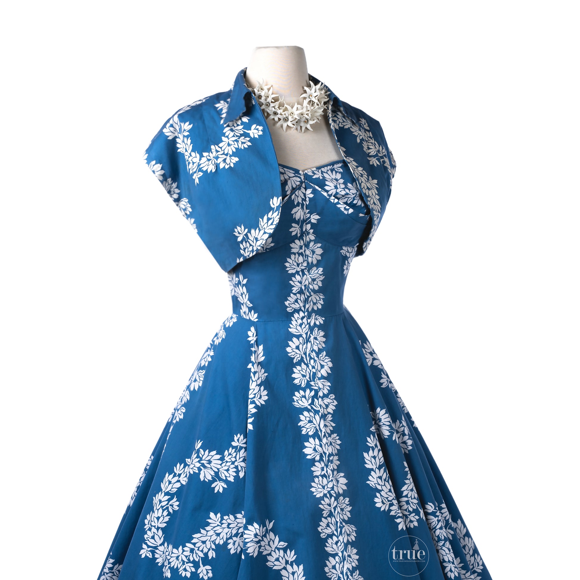 vintage 1950's hawaiian dress NANI of Hawaii cotton lei novelty print convertible halter dress with double shelf-bust and bolero