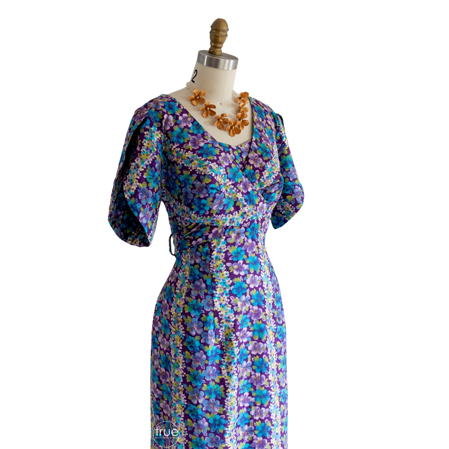 vintage 1960's dress ...beautiful NANI of Hawaii lei print cotton wrap bust midi hawaiian dress