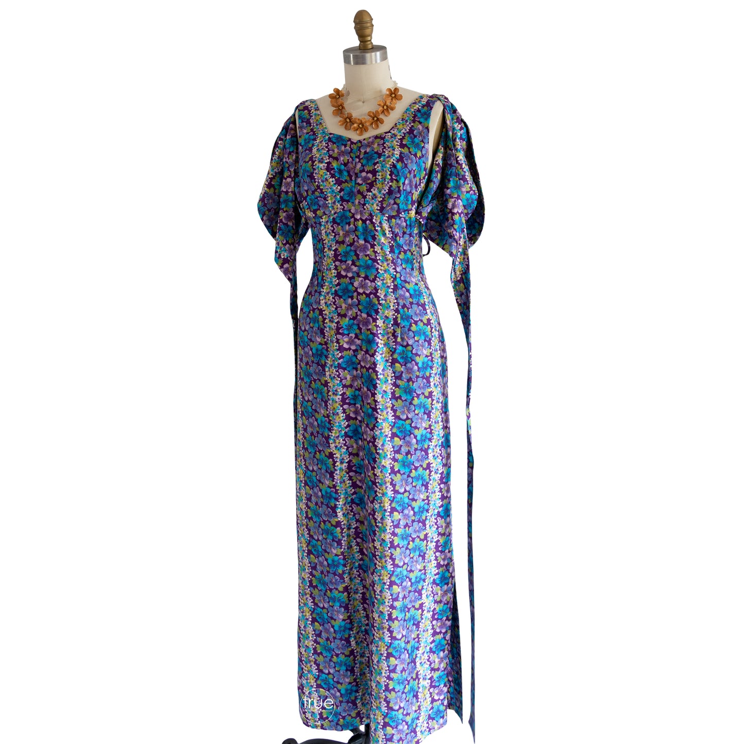 vintage 1960's dress ...beautiful NANI of Hawaii lei print cotton wrap bust midi hawaiian dress