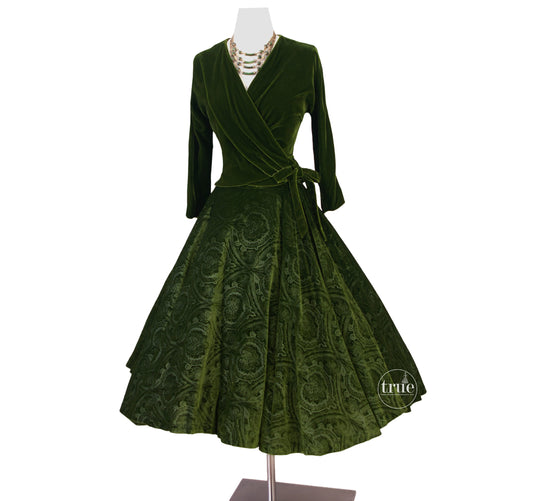 vintage 1950's 2 pc dress set ...gorgeous Nelly de Grab embossed green velvet skirt and top