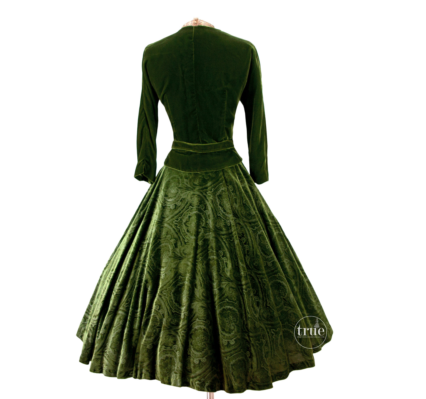 vintage 1950's 2 pc dress set ...gorgeous Nelly de Grab embossed green velvet skirt and top
