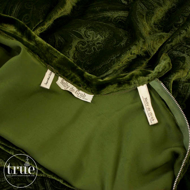 vintage 1950's 2 pc dress set ...gorgeous Nelly de Grab embossed green velvet skirt and top