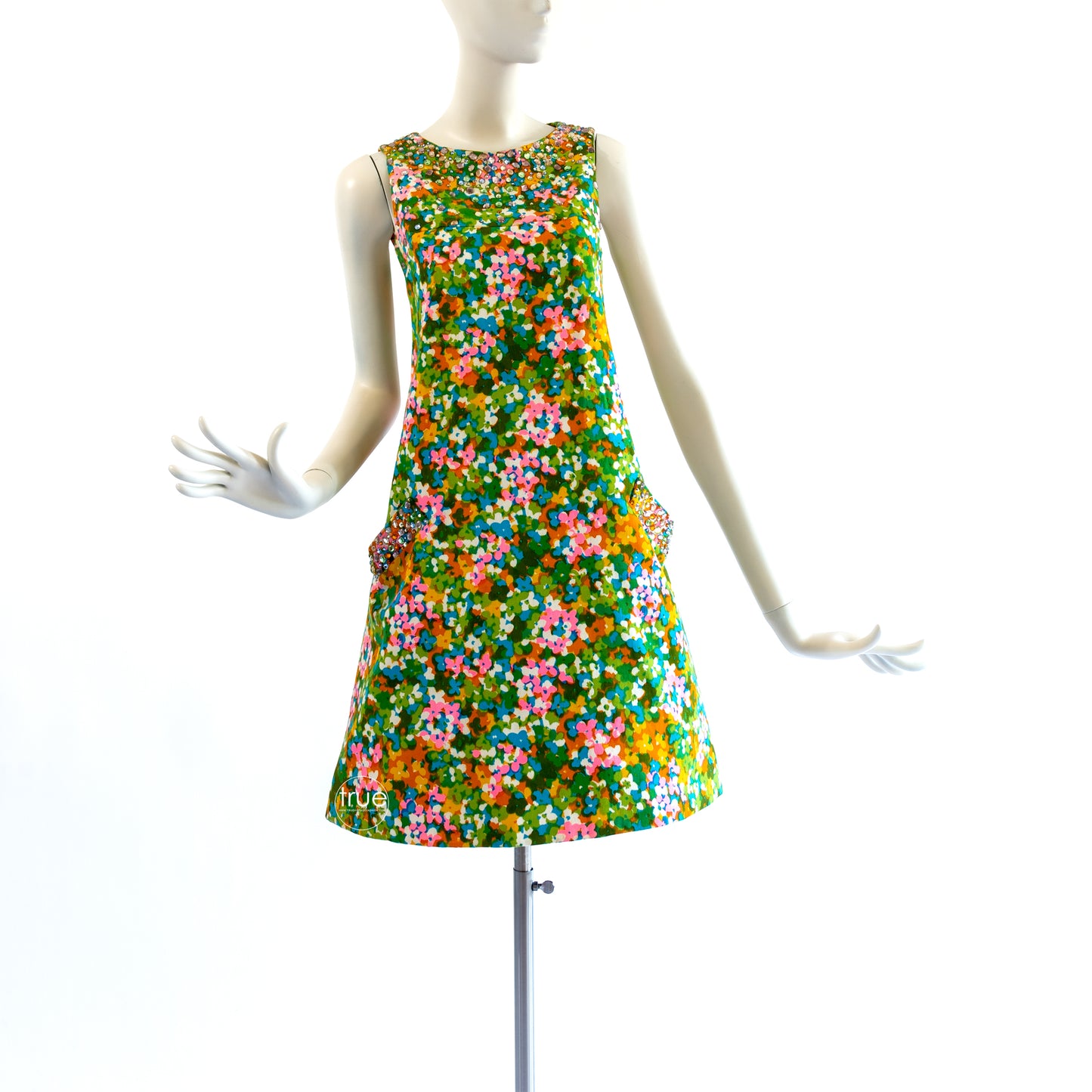 vintage 1960's dress ...designer OLE BORDEN for REMBRANDT jewel encrusted cotton flared shift