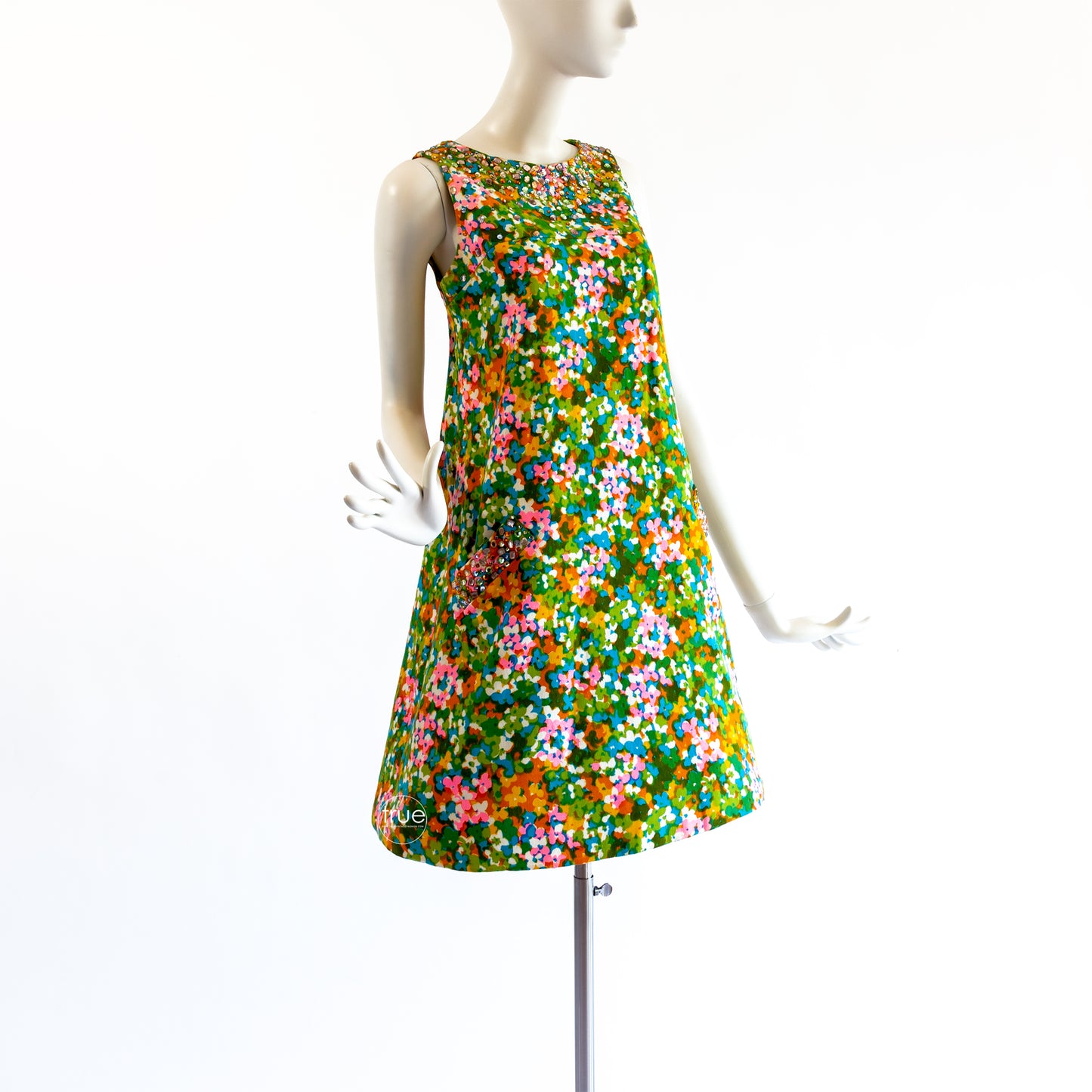 vintage 1960's dress ...designer OLE BORDEN for REMBRANDT jewel encrusted cotton flared shift