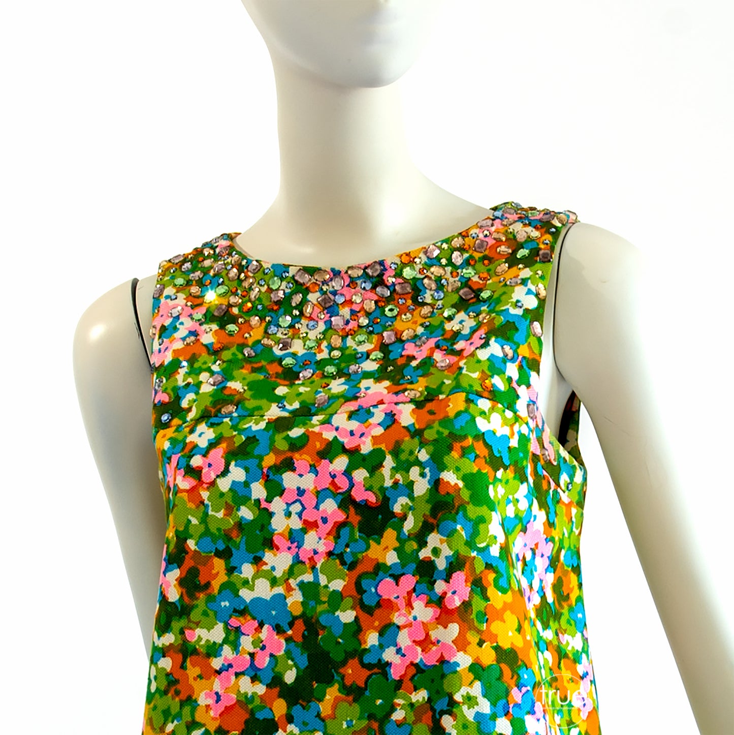 vintage 1960's dress ...designer OLE BORDEN for REMBRANDT jewel encrusted cotton flared shift
