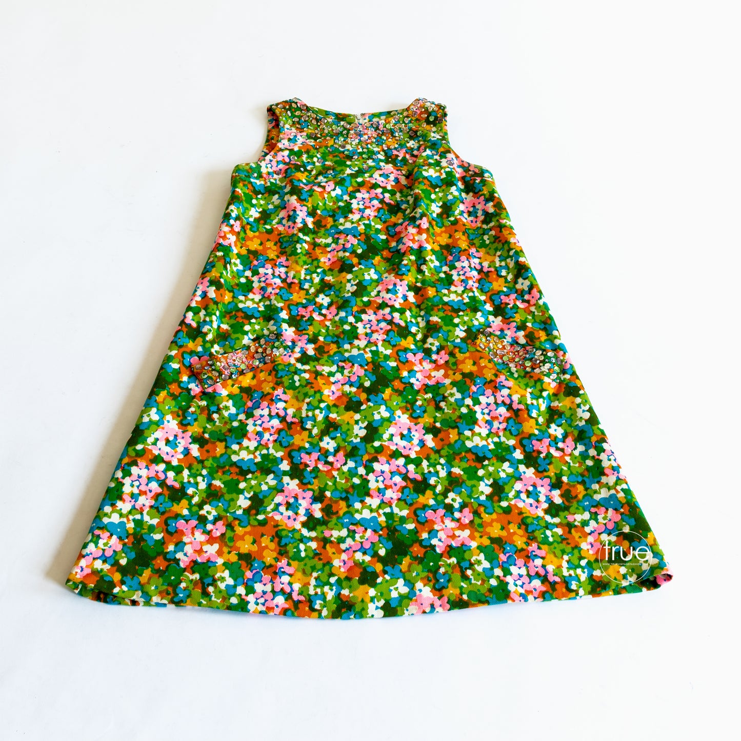 vintage 1960's dress ...designer OLE BORDEN for REMBRANDT jewel encrusted cotton flared shift