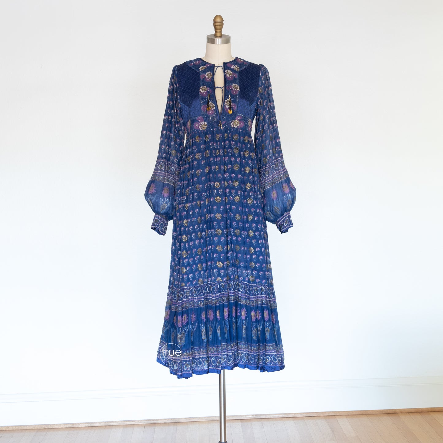 vintage 1970's dress ...exquisite INDIAN COTTON semi-sheer block print w/metallic gold accents dress