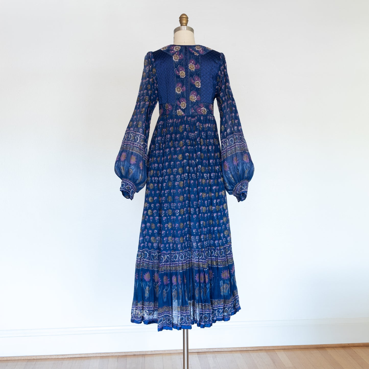 vintage 1970's dress ...exquisite INDIAN COTTON semi-sheer block print w/metallic gold accents dress