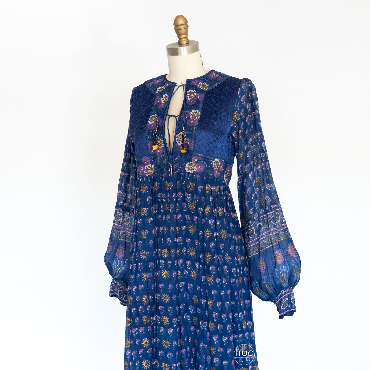 vintage 1970's dress ...exquisite INDIAN COTTON semi-sheer block print w/metallic gold accents dress