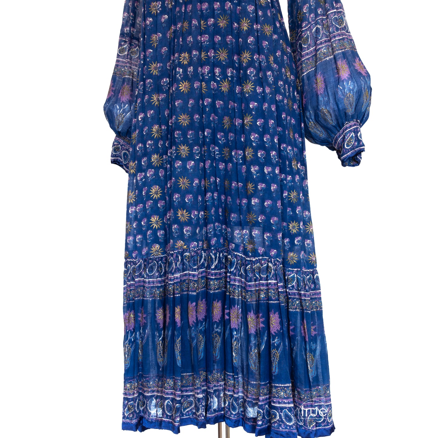 vintage 1970's dress ...exquisite INDIAN COTTON semi-sheer block print w/metallic gold accents dress