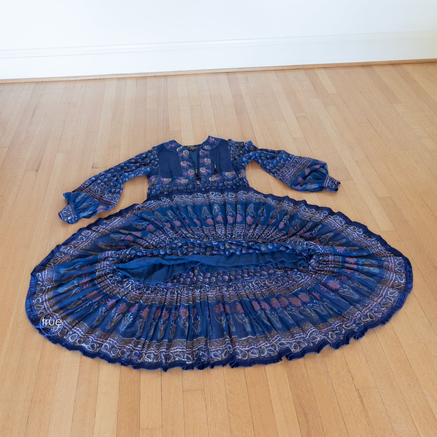 vintage 1970's dress ...exquisite INDIAN COTTON semi-sheer block print w/metallic gold accents dress