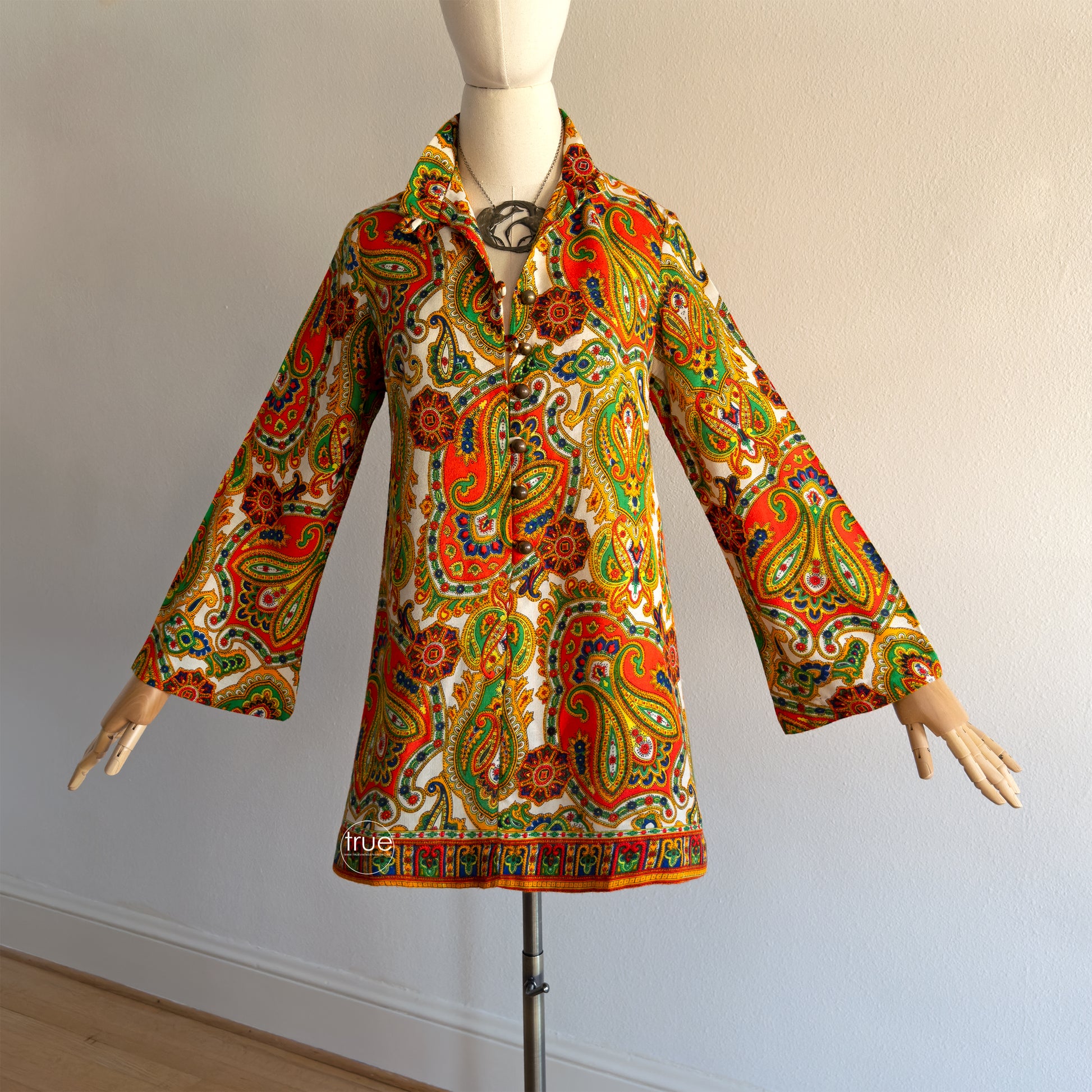 60s psychedelic mini dress Vintage 1960s Bright Psychedelic Paisley Print Mini Dress with Bell Sl Tall Tale Vintage
