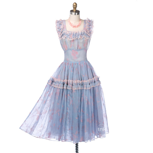 vintage 1940's dress ...pretty Parasol Originals sheer blue organza w/ pink flocked berries dress