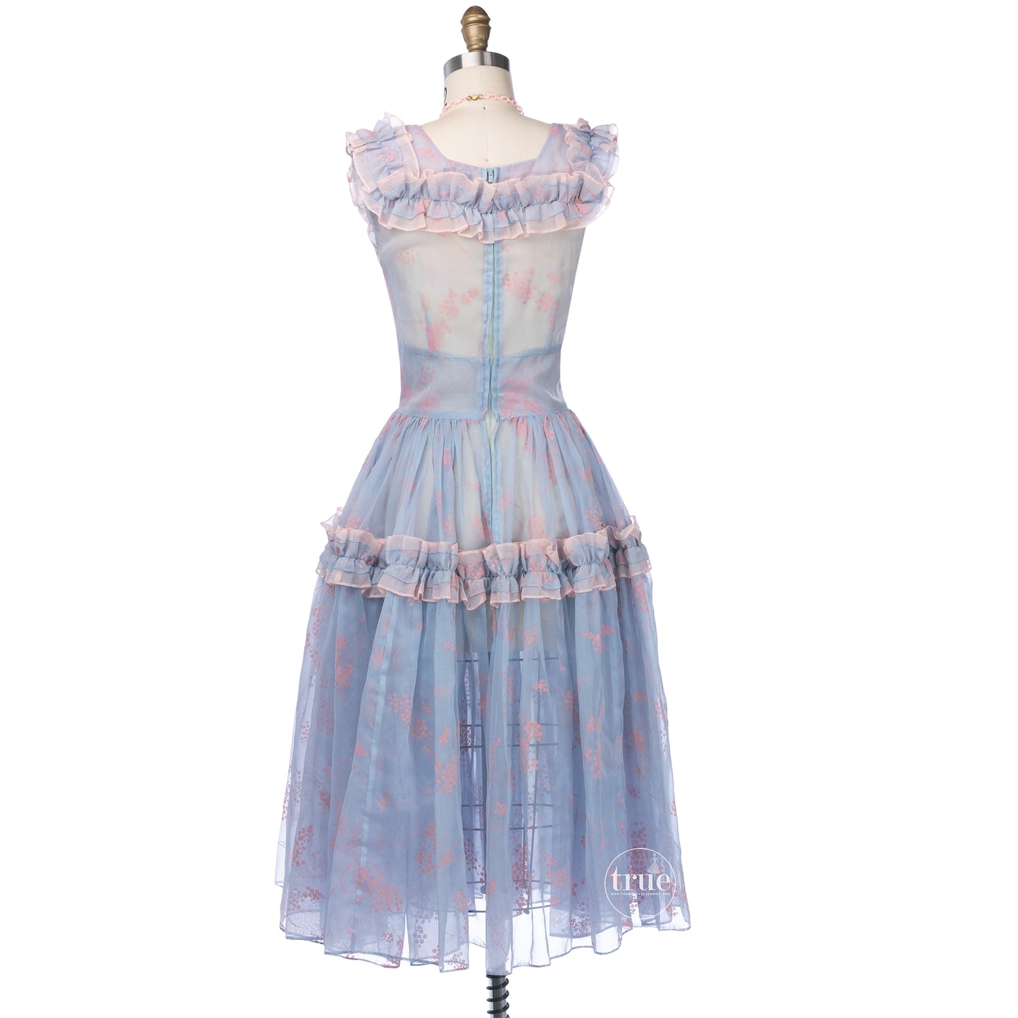vintage 1940's dress ...pretty Parasol Originals sheer blue organza w/ pink flocked berries dress