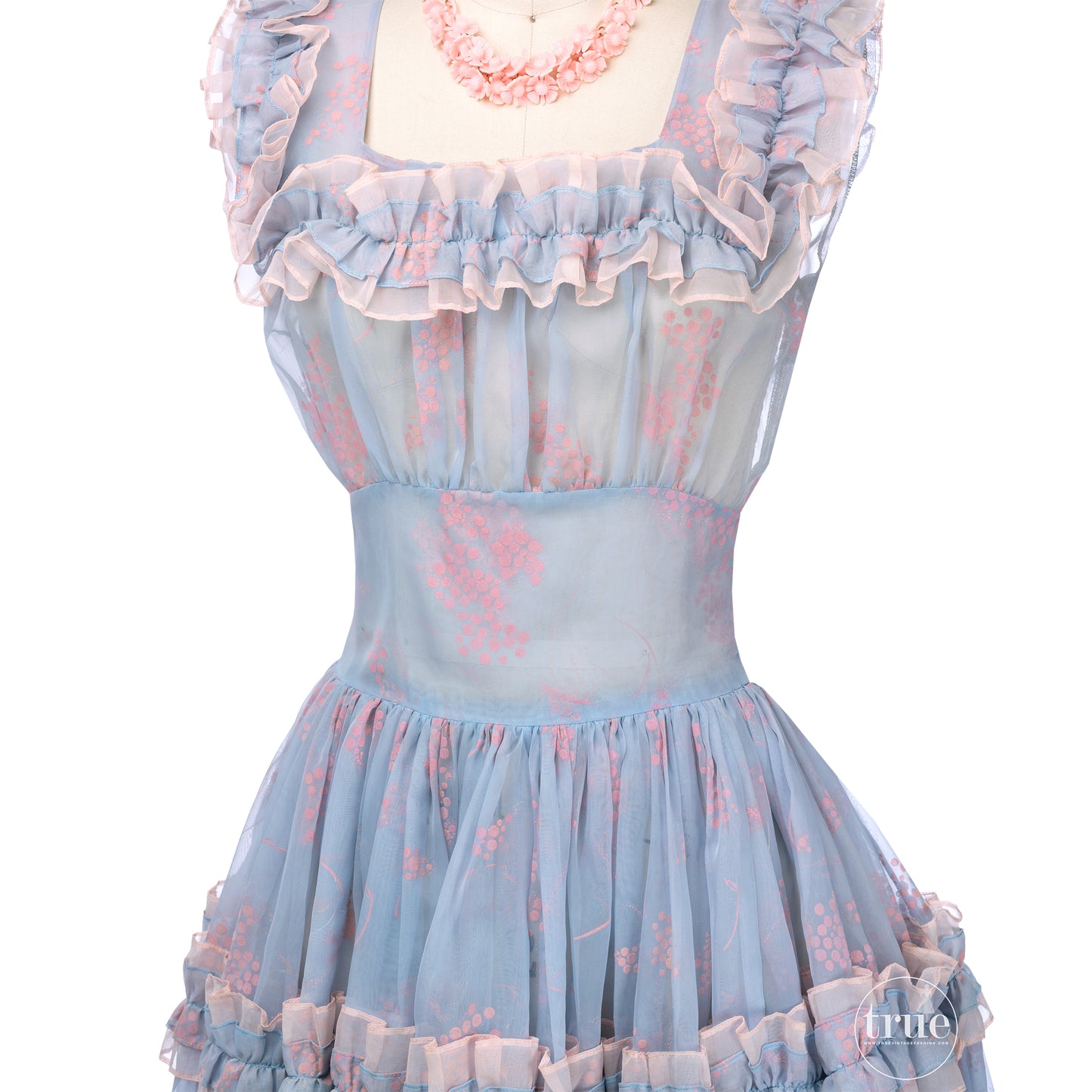 vintage 1940's dress ...pretty Parasol Originals sheer blue organza w/ pink flocked berries dress