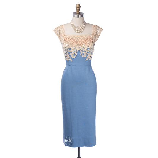 vintage 1950's dress ...gorgeous Peggy Hunt sky blue linen nude illusion bombshell wiggle dress